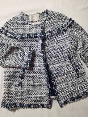 Zara Girls Navy & White Boucle/Tweed Two Snap Swing Jacket - 5/6